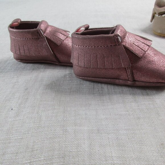 Lot of 2 Baby Girl Moccasins Pink Fringe & Tan Bow Soft Sole Crib Shoes Size 0-3 - Picture 4 of 11